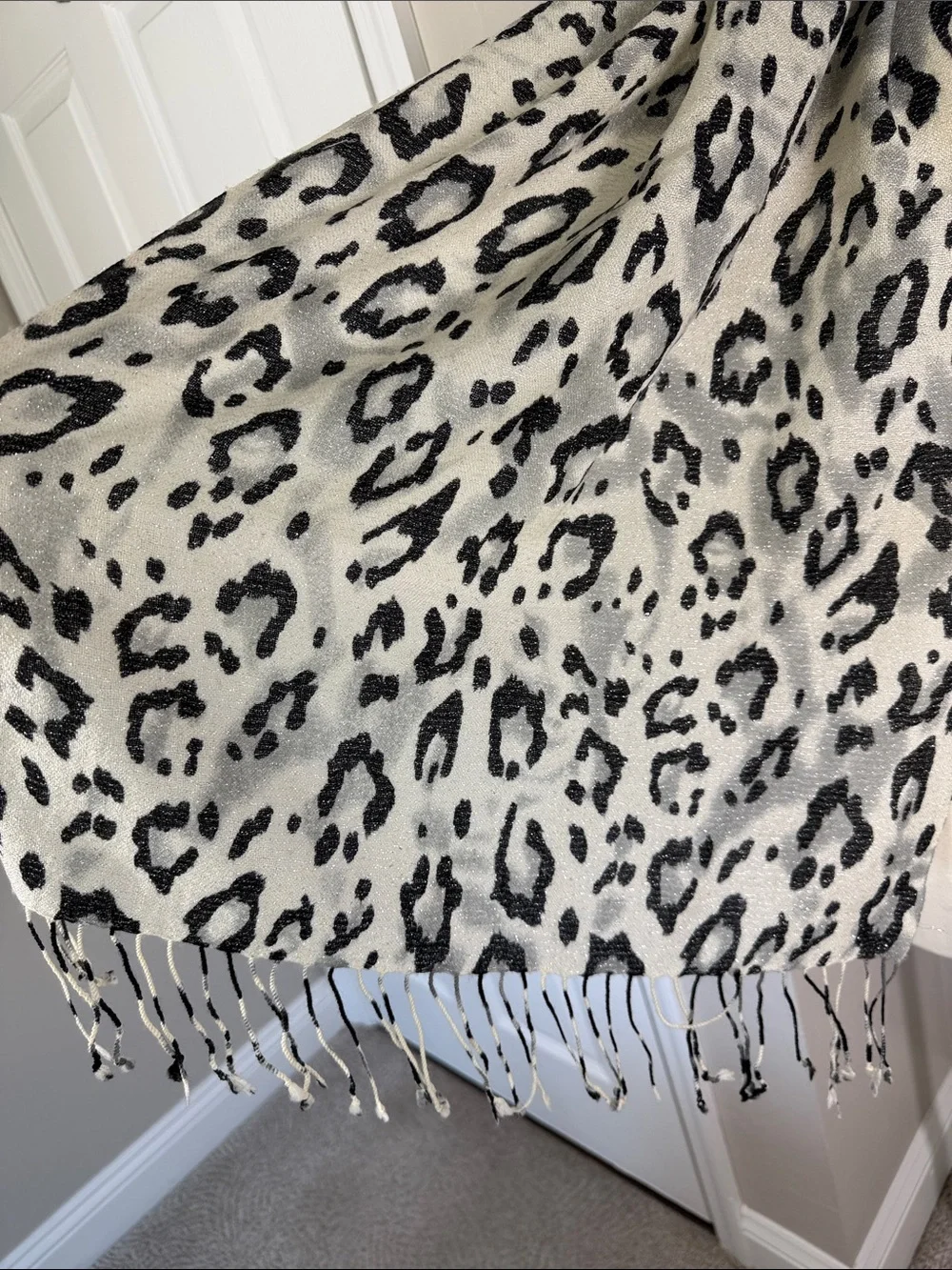 J. McLaughlin white and black animal print wool scarf with silver metallic